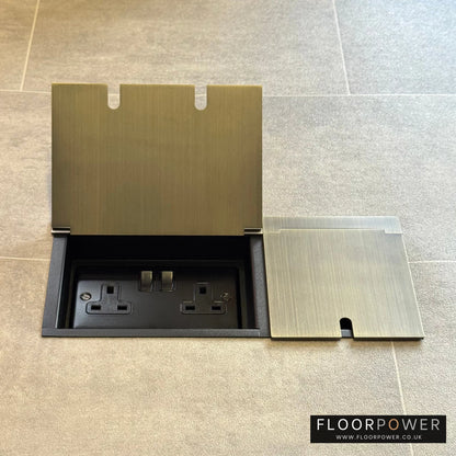 Triple Recessed Floor Socket in Antique Brass with double side lid open showing plug socket.