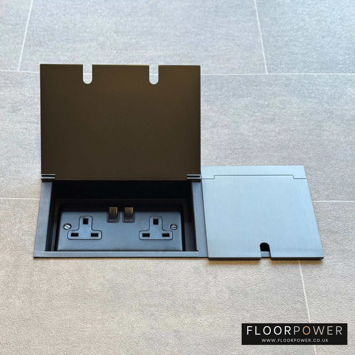 Triple Recessed Floor Socket in Old Bronze with double side lid open showing plug socket.