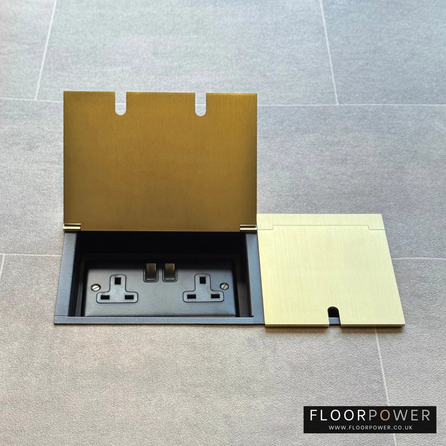 Triple Recessed Floor Socket in Satin Brass with double side lid open showing plug socket.