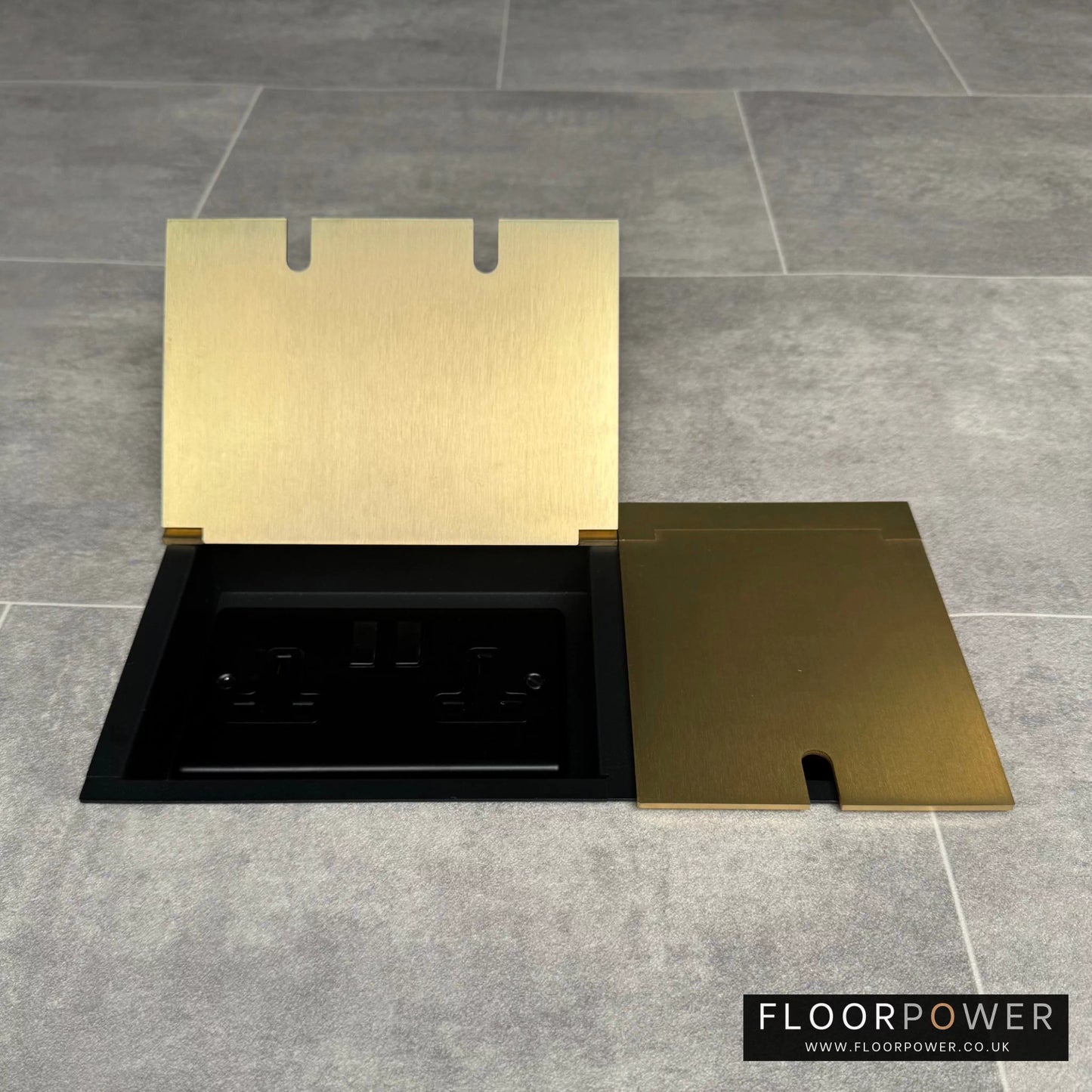 Triple Recessed Floor Socket in Satin Brass with double side lid open showing plug socket.