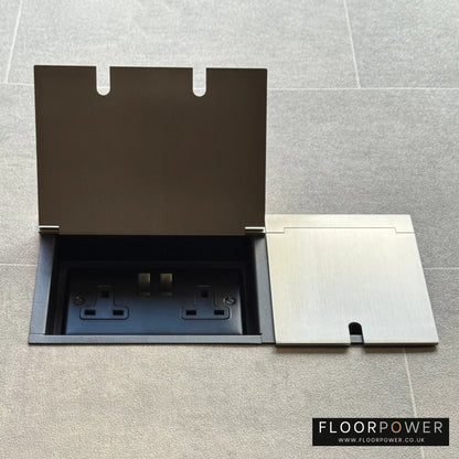 Triple Recessed Floor Socket in Satin Nickel with double side lid open showing plug socket.