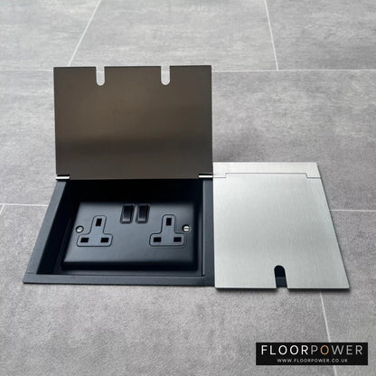 Triple Recessed Floor Socket in Satin Stainless with double side lid open showing plug socket.