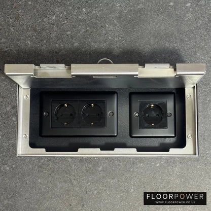 Triple Schuko (European) Plug Socket Flush Recessed Floor Socket with Satin Stainless surround in grey stone floor