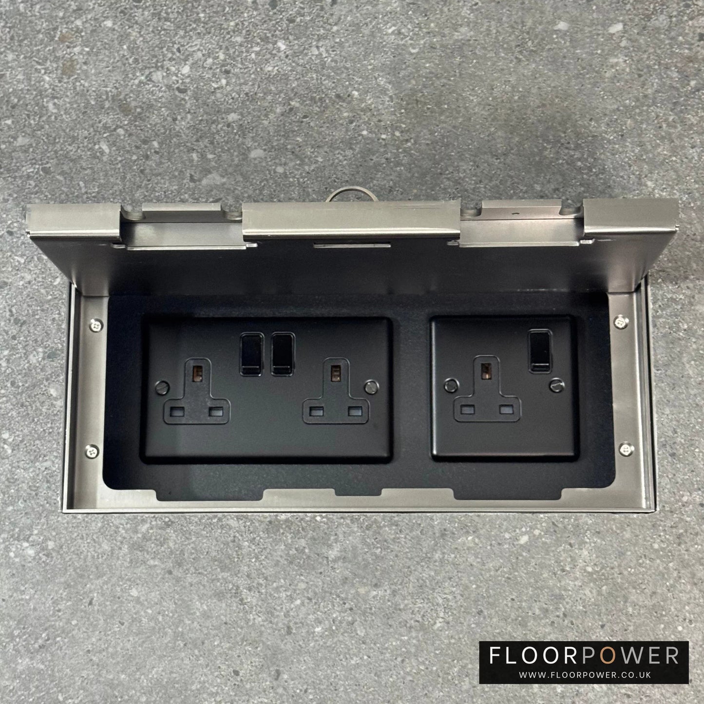 Triple Plug Socket Combination Flush Recessed Floor Socket with Old Bronze Surround in grey stone floor