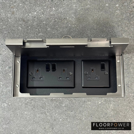 Triple Plug Socket Combination Flush Recessed Floor Socket with Old Bronze Surround in grey stone floor