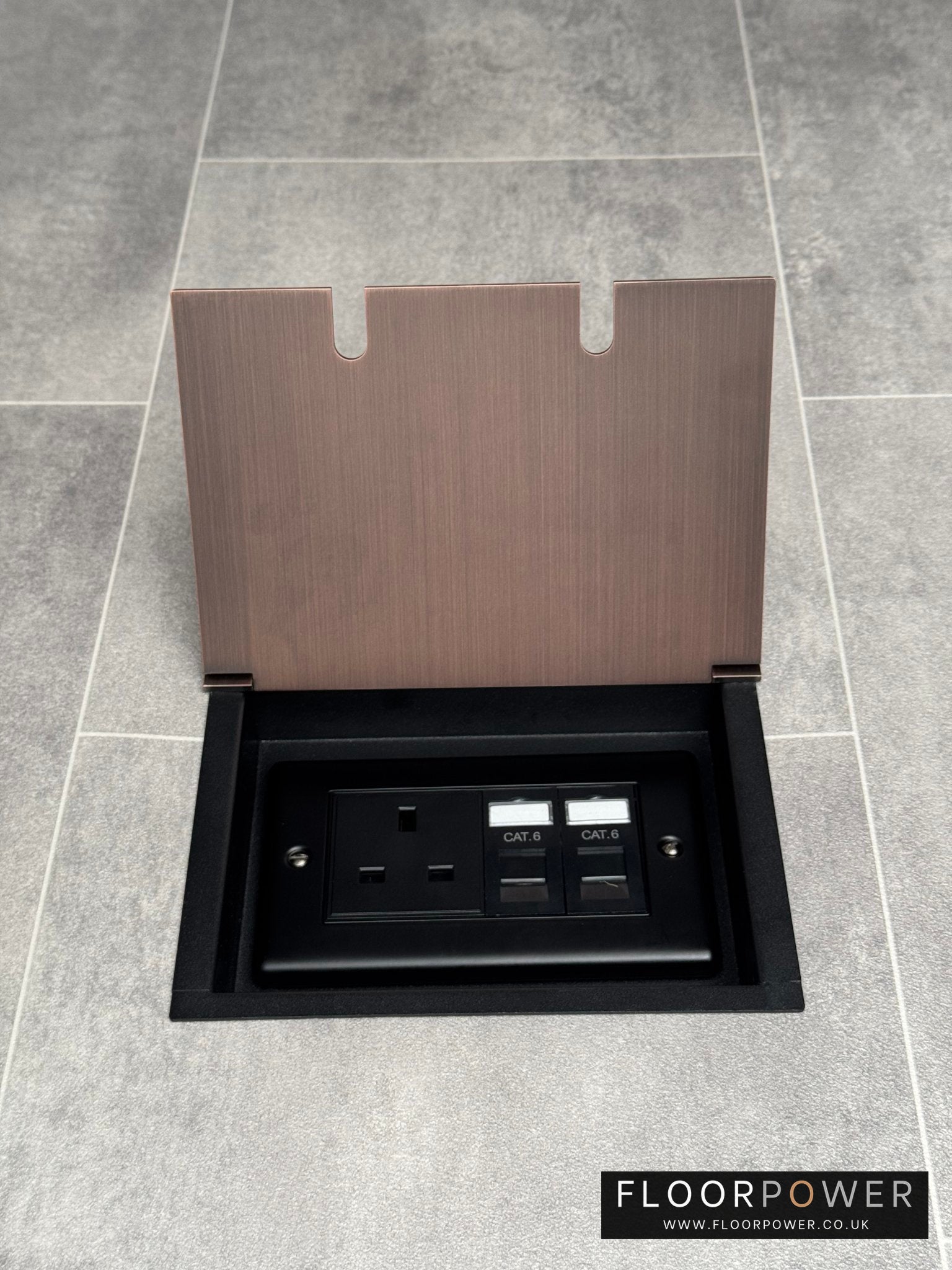 Recessed floor socket double box in antique copper with one 13amp unswitched socket and two RJ45 sockets