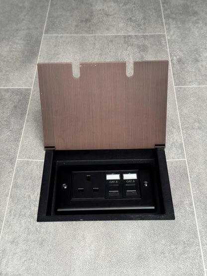 Recessed floor socket double box in antique copper with one 13amp unswitched socket and two RJ45 sockets