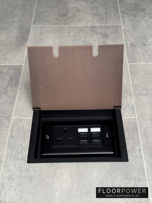 Recessed floor socket double box in antique copper with one 13amp unswitched socket and two RJ45 sockets