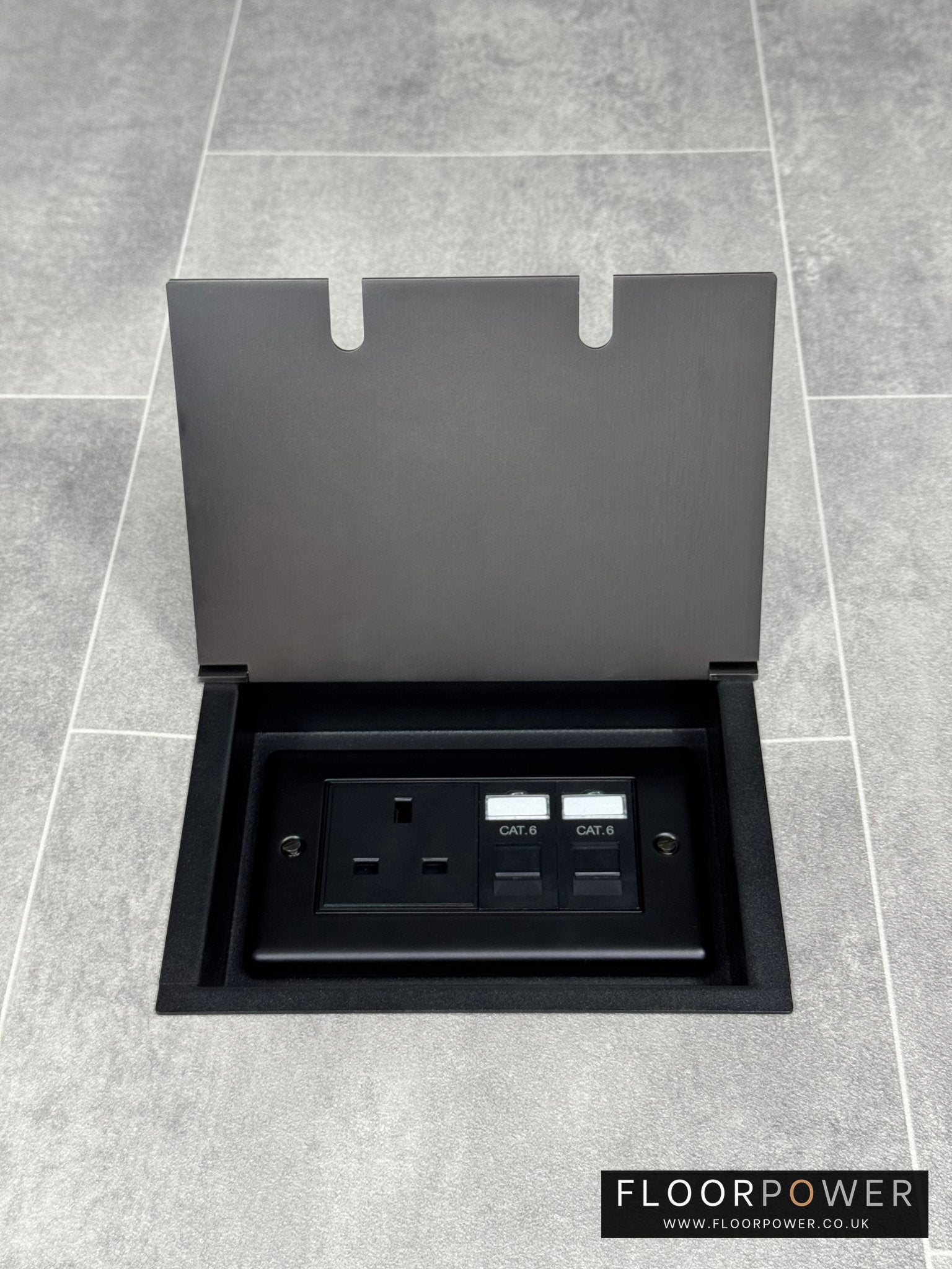 Recessed floor socket double box in old bronze with one 13amp unswitched socket and two RJ45 sockets.