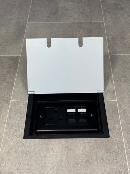 White double recessed floor socket  containing one 13amp unswitched socket and two RJ45 sockets in a tiled floor.